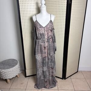 Cold Shoulder Maxi Patchwork Print Dress w/ Belt Boho Indie - M